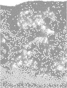 Computer simulated segregation process in a pack of particles with two different sizes. Air is blown through the pack from the bottom. This sorts the particles in areas where one finds almost exclusively one of the particle sizes Computer simulated segregation process in a pack of particles with two different sizes. Air is blown through the pack from the bottom. This sorts the particles in areas where one finds almost exclusively one of the particle sizes
